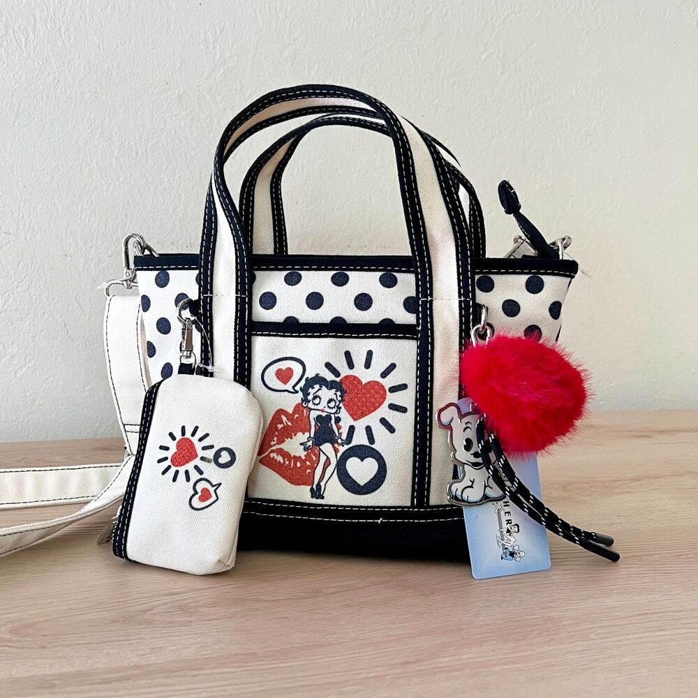 NWT Betty Boop Pop Art Polka Dot Mini Tote Bag and Pouch Set w/ Multiple Charms